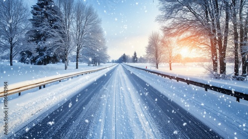 Snow is falling on an empty winter road at sunset, creating a serene and beautiful scene with snow-covered trees lining the roadside and guardrails