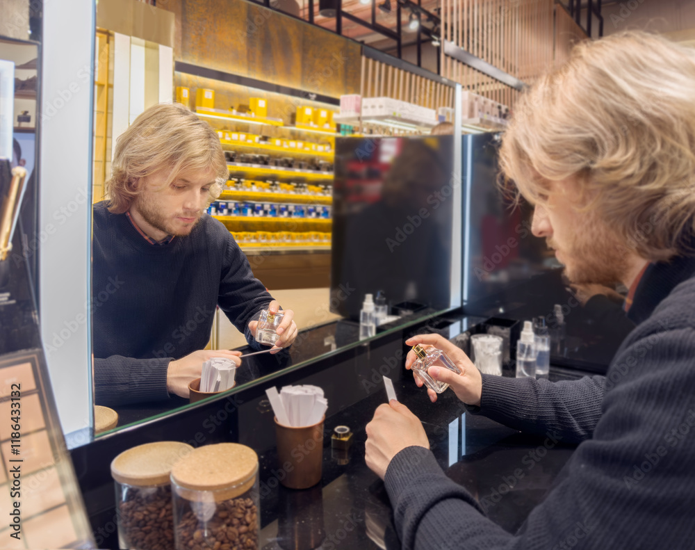 Man buying make up at cosmetics section in store. choosing cosmetics, perfumes, creams and shampoos, Using tester. Man buying make up at cosmetics section in store. choosing cosmetics, perfumes, creams and shampoos, Using tester.