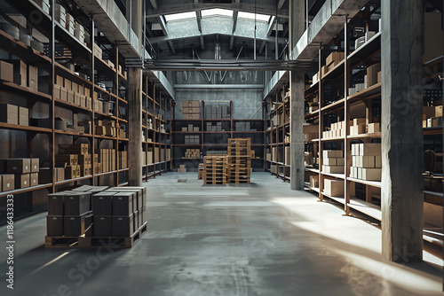 Old factory warehouse interior with concrete walls and wooden pallets. Efficient shelving and timber construction, blending eco friendly materials with a raw, industrial aesthetic.