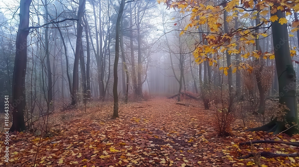 A serene foggy forest path blanketed in autumn leaves. A serene foggy forest path blanketed in autumn leaves.