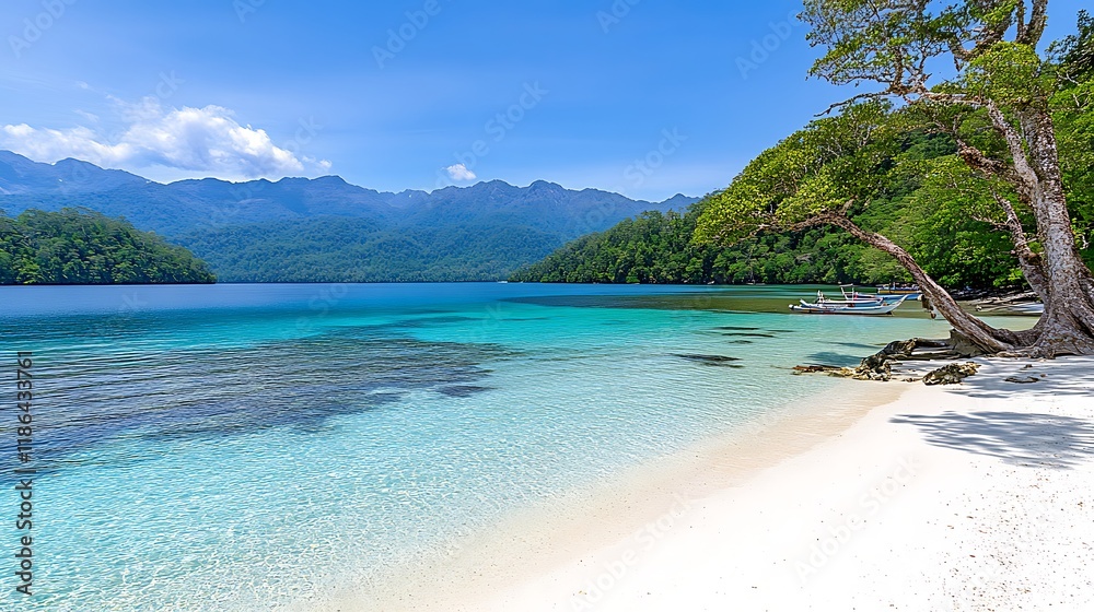 Fototapeta premium Tropical Beach Paradise Crystal Clear Water White Sand Boats