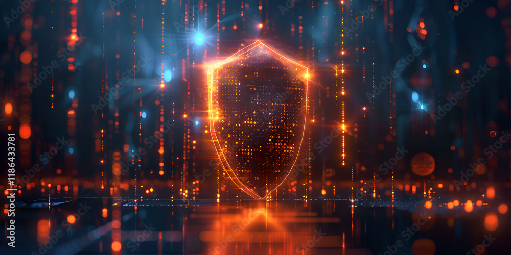 Fototapeta premium Digital Shield with Glowing Orange Lights, Cybersecurity and Data Protection 