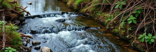 A gentle stream babbles and splashes its way through the underbrush, natural flow, serene waters, forest water