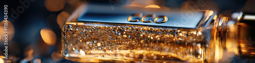 Close-up of Gold Perfume Bottle with Embossed Logo photo