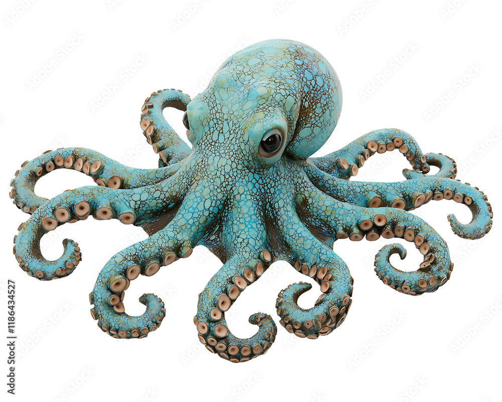 Fototapeta premium A teal octopus with a cracked texture, eight tentacles, and large eyes, isolated on a black background.