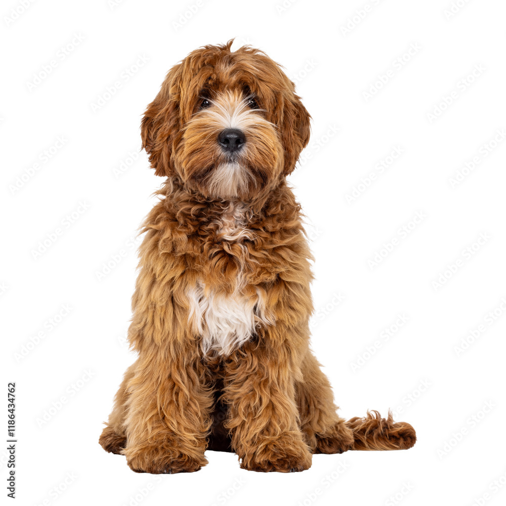 Adorable young labradoodle dog pup with white spots, sitting up facing front. Looking towards camera. Isolated cutout on a transparent background. Adorable young labradoodle dog pup with white spots, sitting up facing front. Looking towards camera. Isolated cutout on a transparent background.