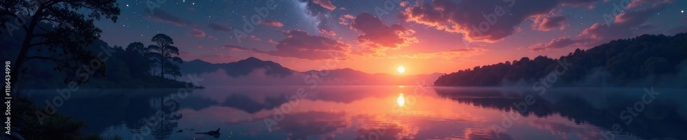 Starry sky with twinkling lights and warm sunlight on a lake, serene, reflective, peaceful Starry sky with twinkling lights and warm sunlight on a lake, serene, reflective, peaceful