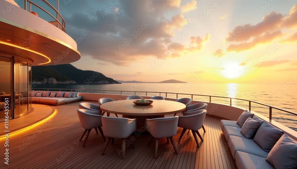 Fototapeta premium Luxury yacht deck at sunset. Large table for dinner, comfortable seating area. Ocean view, seaside. Ideal for rich person for travel vacation. Exquisite design, perfect private setting. Sophisticated