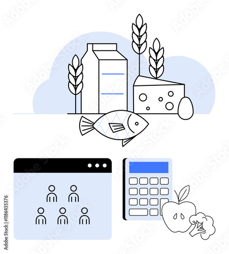 Dairy, cheese, fish, grains, and fruits. Calculator, people, and crops symbolize food production diet planning nutrition tracking and resource allocation. Ideal for farming diet sustainability