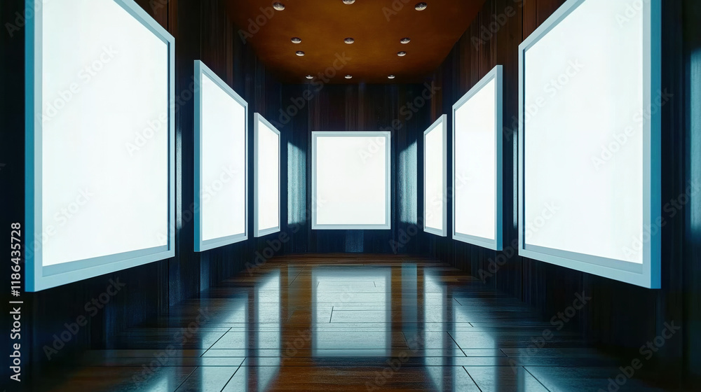 Obraz premium A long hallway with white walls and black floors