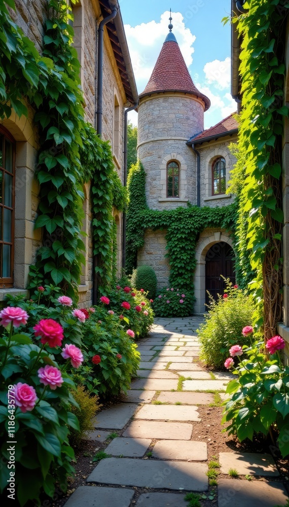 Stone pavement with vines and wildflowers in a secluded courtyard, castle, flower Stone pavement with vines and wildflowers in a secluded courtyard, castle, flower