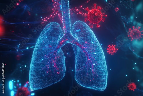 Visualization of human lungs showcasing the interaction with viruses in a digital landscape