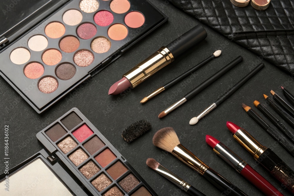 A flat lay of makeup brushes and eyeshadow palettes on a black shiny surface with some scattered lipsticks and mascaras nearby, beauty products, dark background, arrangement A flat lay of makeup brushes and eyeshadow palettes on a black shiny surface with some scattered lipsticks and mascaras nearby, beauty products, dark background, arrangement