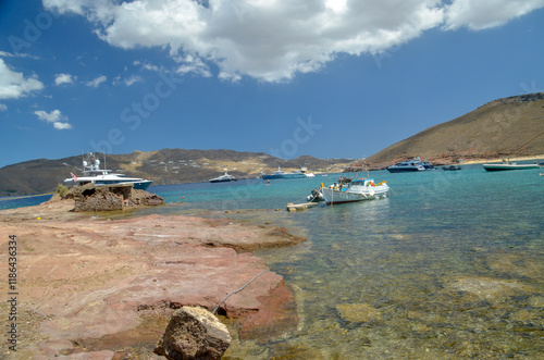 panormos beach in mykonos or mikonos island in greece photo