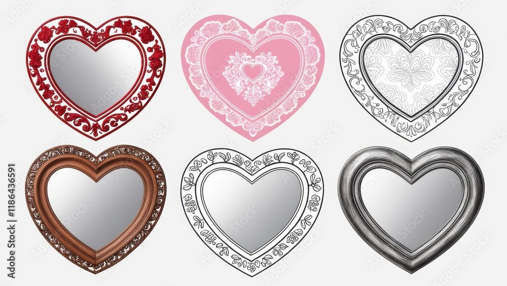 Collection of Ornate Heart Shaped Mirrors Red Brown Silver Pink and Line Art Designs Collection of Ornate Heart Shaped Mirrors Red Brown Silver Pink and Line Art Designs