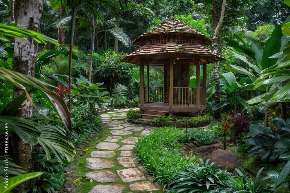Obraz premium A serene garden pathway leading to a wooden gazebo surrounded by lush greenery.
