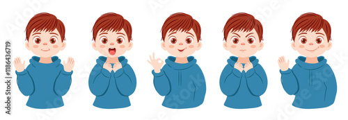 Set of children emotions. Cute little boy on blue sweatshirt. Expressions - ok, happy, sad, angry, joy and others. Vector illustrations on white background.