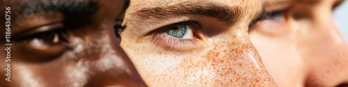 Close-up of Three Men's Eyes and Faces Showing Diverse Skin Tones