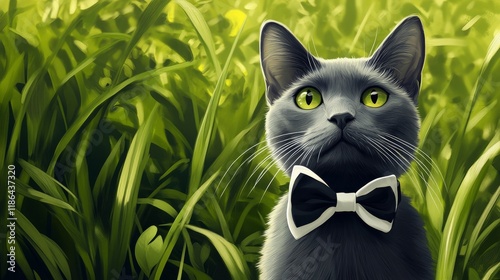 Elegant Gray Cat Wearing Bow Tie Posing in Lush Green Grass. photo