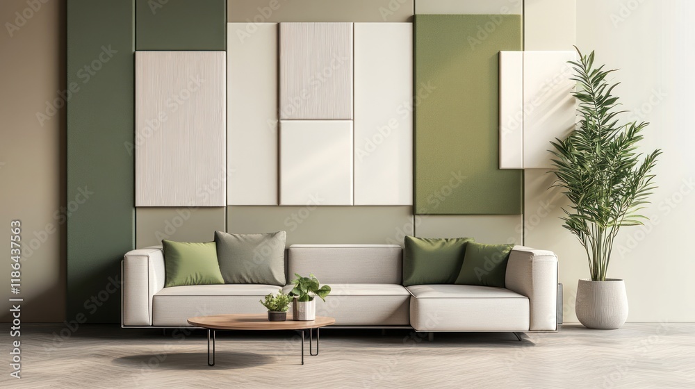 Fototapeta premium Modern sectional sofa, green wall art, plant, living room interior design