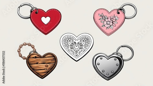Collection of Five Unique Heart Shaped Keychains Red Pink Floral Wooden Lace and Metal Designs