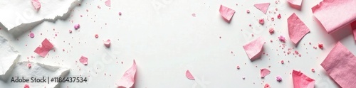 Torn paper fragments scattered on a pristine white surface, mess, crumpled