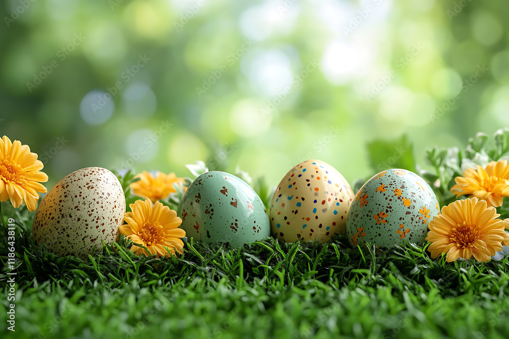 A vibrant Easter-themed background featuring colorful eggs, blooming spring flowers, lush green grass, and soft pastel tones, creating a cheerful and festive atmosphere A vibrant Easter-themed background featuring colorful eggs, blooming spring flowers, lush green grass, and soft pastel tones, creating a cheerful and festive atmosphere