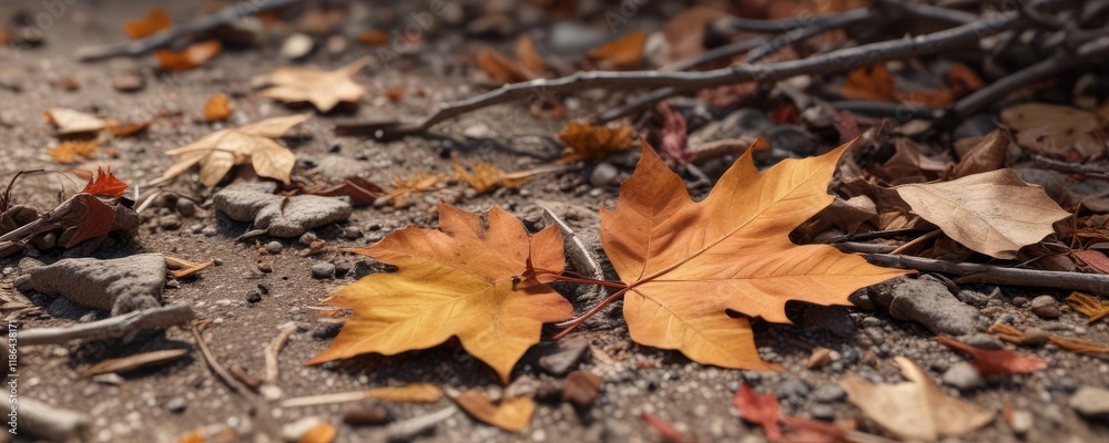 A fallen autumn leaf lying on dry earth amidst a carpet of withered twigs and fallen leaves, landscape photography, seasonal change , forest floor A fallen autumn leaf lying on dry earth amidst a carpet of withered twigs and fallen leaves, landscape photography, seasonal change , forest floor