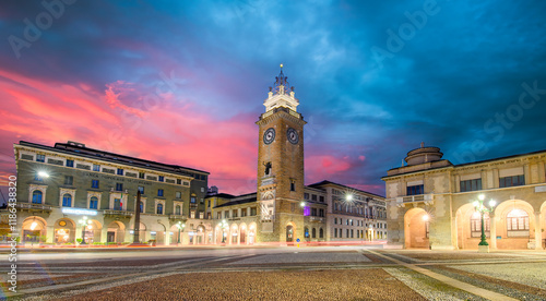 Bergamo, Italy. Tower of the fallen or Torre dei Caduti, located on Piazza Vittorio Veneto in the lower city at sunrise