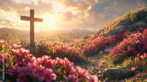 Silhouetted against a morning sky, a cross stands as birds fly overhead in an autumn meadow
