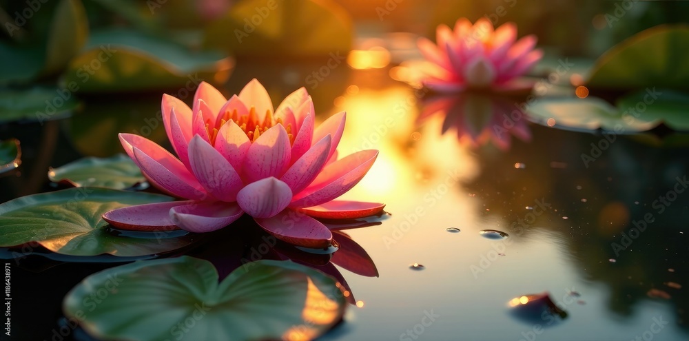 Water lilies reflect the golden hue of sunset, hues, water, warm Water lilies reflect the golden hue of sunset, hues, water, warm