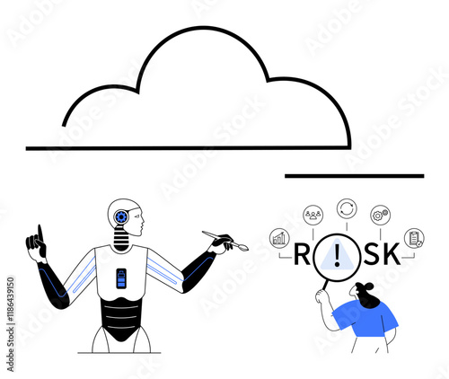 Robot holding devices collaborates with human exploring risk factors under cloud icon. Ideal for AI, risk management, cloud computing, cybersecurity, data analysis, innovation, abstract line flat