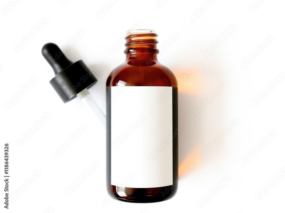 A dropper bottle with a clear label filled with liquid on a white background, container, pharmacy, beauty A dropper bottle with a clear label filled with liquid on a white background, container, pharmacy, beauty