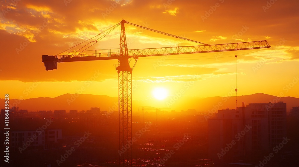 Construction crane silhouette at sunset over city. Construction crane silhouette at sunset over city.