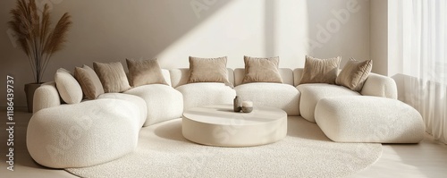 Minimalist, loft home interior design of modern serene and cozy living room with cream boucle sofa and minimalist circular coffee table.