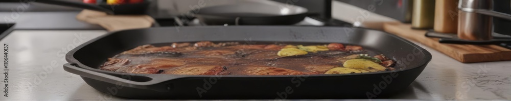 A dirty and smudged non-stick pan on the counter , spills, grime