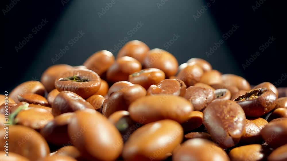 Dolly forward spotlight video, the camera dollies forward to a mound of pinto beans, some glossy, some matte, spilled out on a dark, velvet cloth