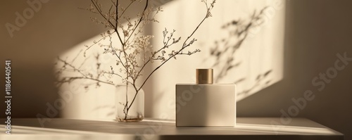 minimalist perfume bottle, aesthetic home decor, soft shadows, natural light, neutral color palette, elegant presentation, stylish botanical arrangement, stylish composition, modern design, creative