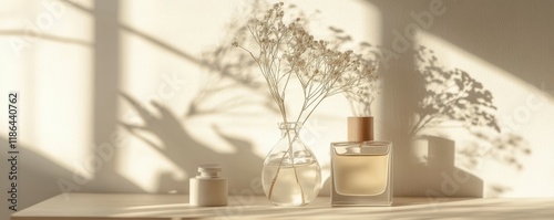 minimalist perfume bottle, aesthetic home decor, soft shadows, natural light, neutral color palette, elegant presentation, stylish botanical arrangement, stylish composition, modern design, creative