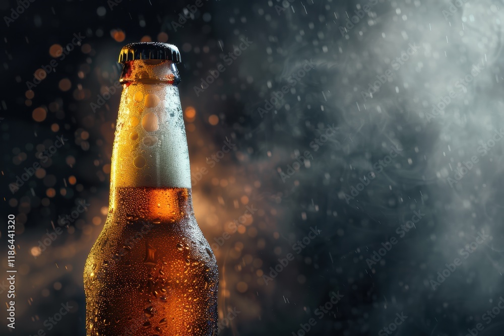 Frosty beer bottle condensation under a spotlight on a black background