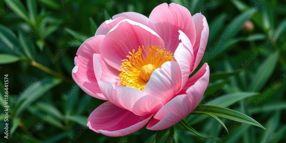 Fototapeta premium A delicate peony flower with soft pink petals and a golden center set against a lush green background, botanicals, floral arrangement