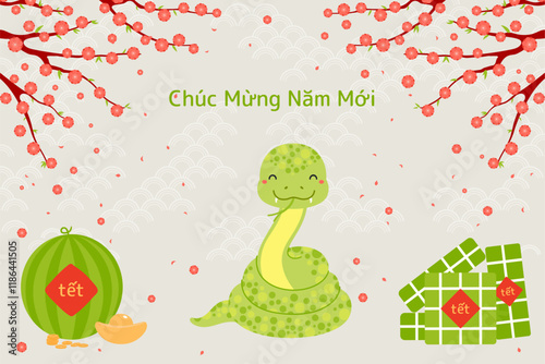 2025 Lunar New Year Tet cute snake, rice cakes, watermelon, gold, peach blossoms, Vietnamese text Happy New Year. Hand drawn vector illustration. Flat style design. Holiday card, banner concept