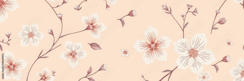 Obraz premium A delicate flower pattern with intricate details and subtle shading is combined with a soft peach background, creating a romantic and ethereal visual effect, peach, garden print