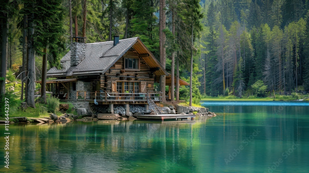 Fototapeta premium A serene lakeside cabin surrounded by lush trees and clear water, perfect for relaxation and nature escape.