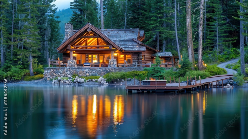 A serene lakeside cabin surrounded by trees, reflecting warm lights on calm water. A serene lakeside cabin surrounded by trees, reflecting warm lights on calm water.