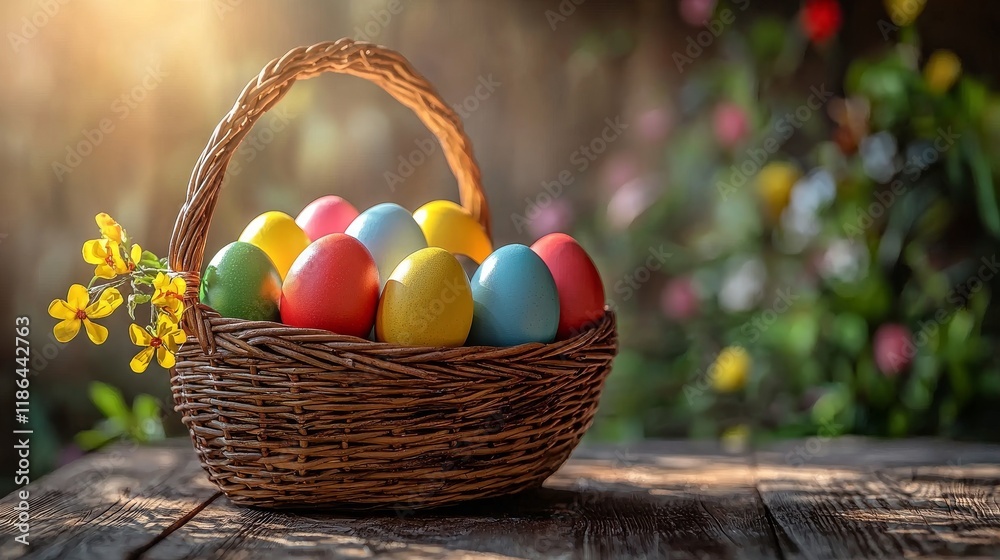 A close-up of a woven basket overflowing with vibrantly dyed Easter eggs, illuminated by soft morning light that creates gentle shadows, evoking the Easter Monday theme in a dynamic and dramatic A close-up of a woven basket overflowing with vibrantly dyed Easter eggs, illuminated by soft morning light that creates gentle shadows, evoking the Easter Monday theme in a dynamic and dramatic