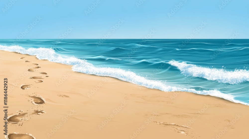 Footprints Leading Towards the Ocean Waves on Sandy Beach. Footprints Leading Towards the Ocean Waves on Sandy Beach.