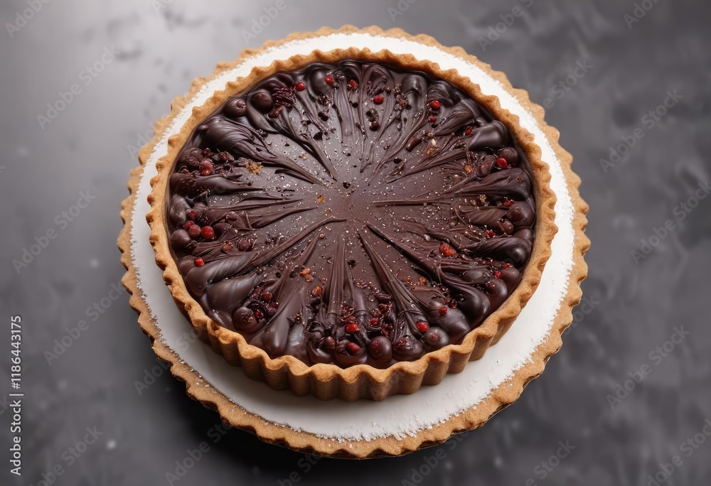 A decadent dark chocolate tart sits atop a crisp white background adorned with a sprinkle of fine sea salt and delicate pastry crust , white background, indulgent treat, dark chocolate tart A decadent dark chocolate tart sits atop a crisp white background adorned with a sprinkle of fine sea salt and delicate pastry crust , white background, indulgent treat, dark chocolate tart