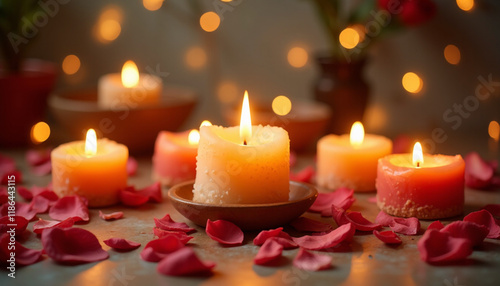 Warm Glowing Candles with Scattered Red Rose Petals in Romantic Setting. AI Generation