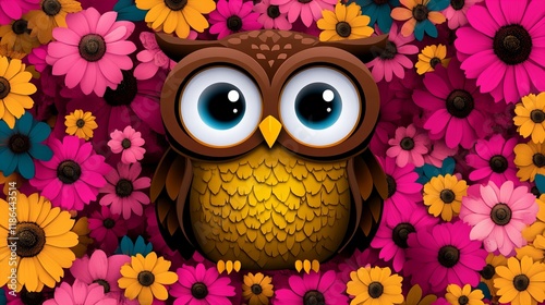 Adorable cartoon owl nestled amongst vibrant flowers. A cheerful and colorful scene! photo